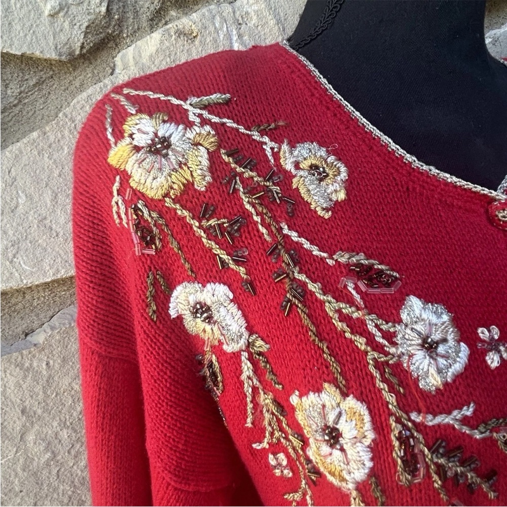Vintage Carolina Colours Cardigan Sweater Small Red Embroidered Beaded Floral - Picture 4 of 12